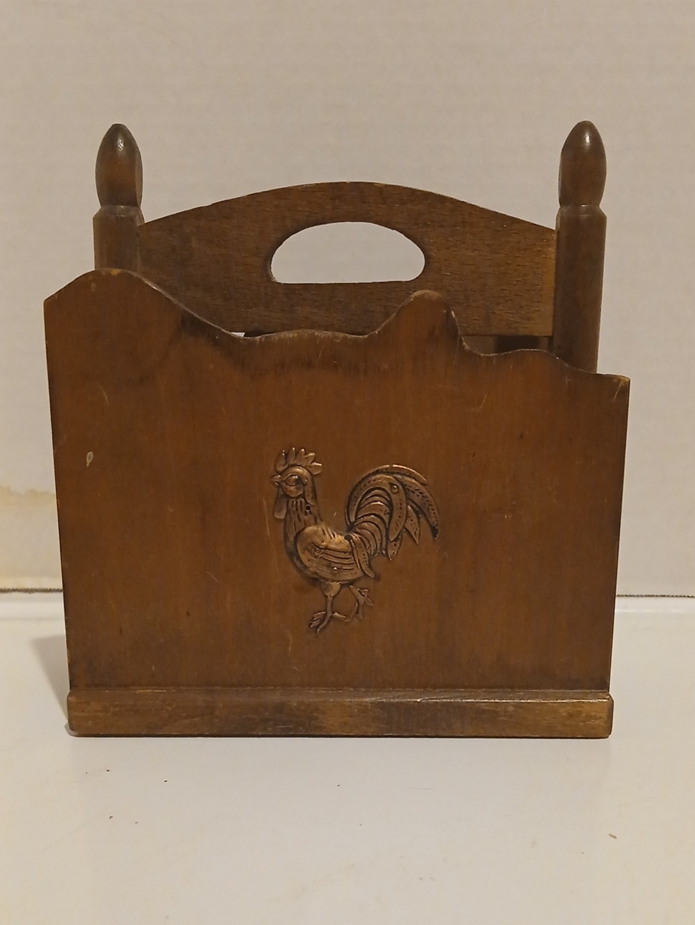 Vintage Mcm Rooster Brown Wooden Rooster Napkin Caddy Mail Holder